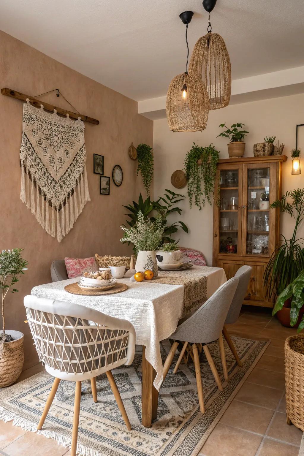 Muted tones set a relaxing atmosphere in a boho dining space.