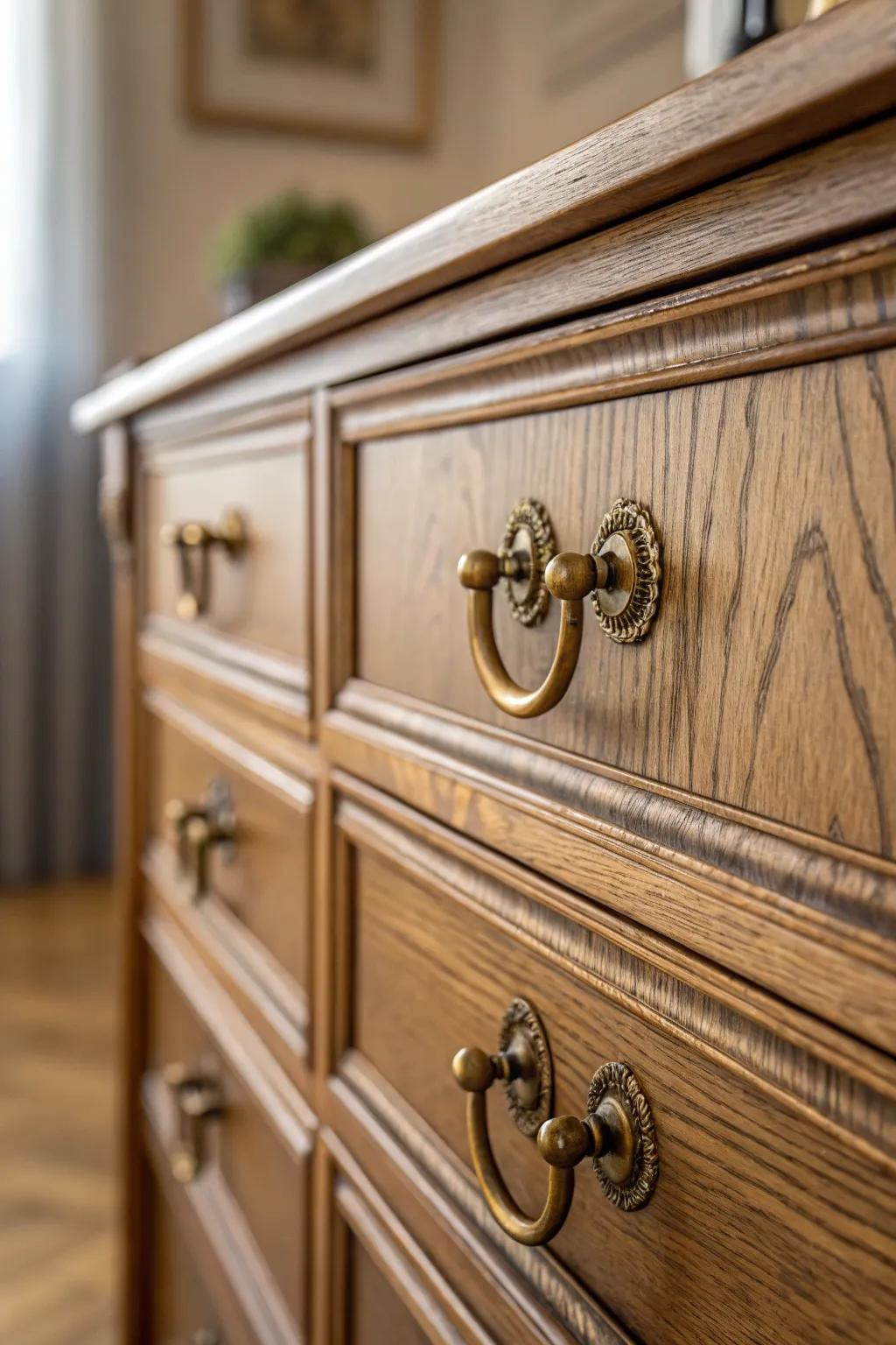 Vintage brass handles add character to this boho-styled dresser.