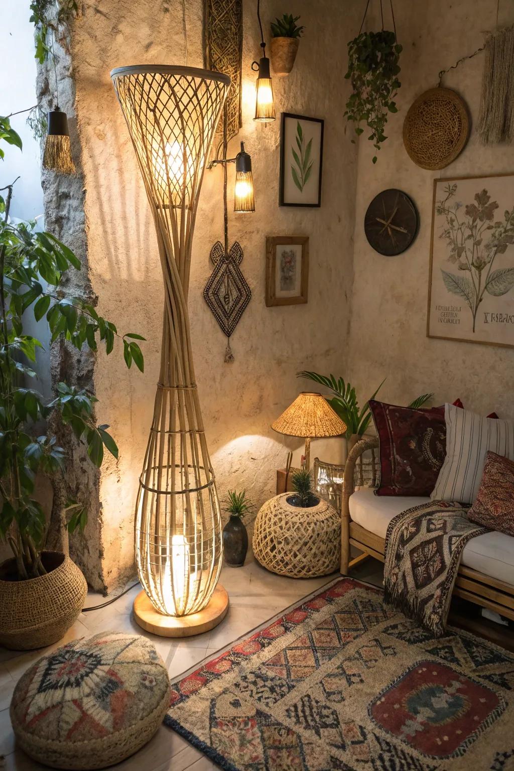 A stylish reed standing lamp in a boho-themed room corner.