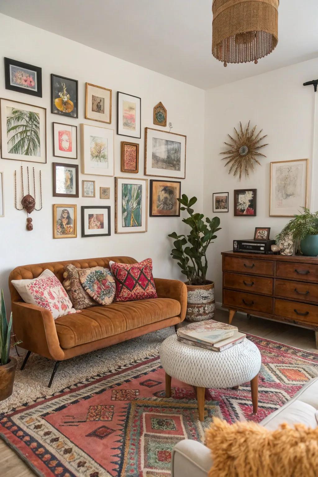 Eclectic decor forms the core of a boho living room.