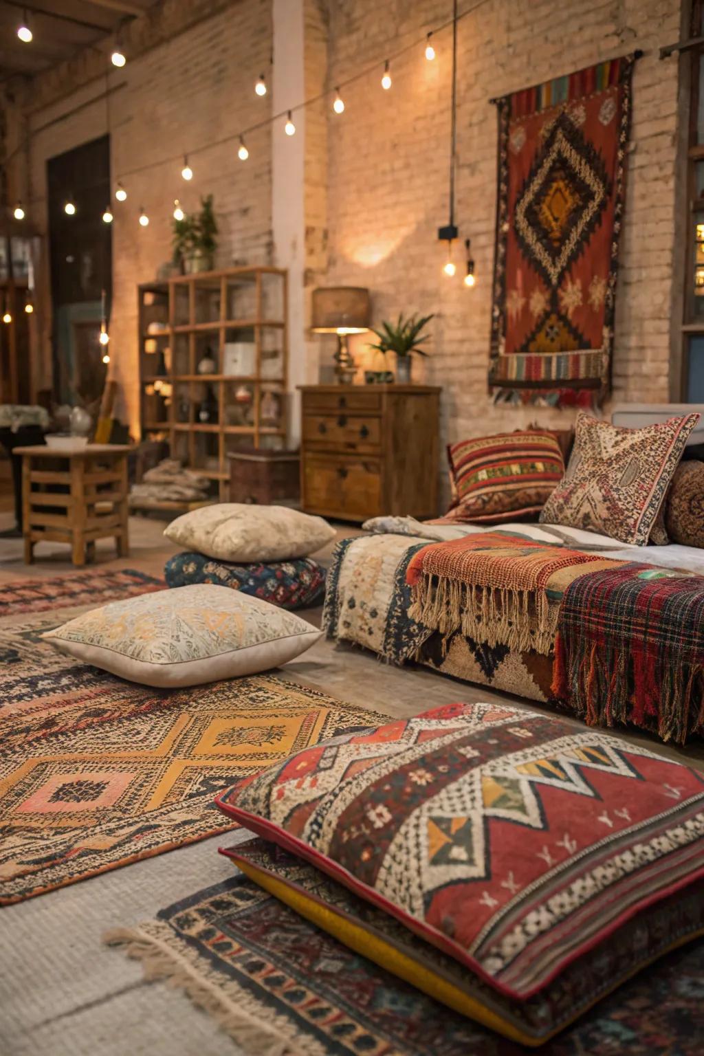 Multi-layered textiles bring warmth and style to your boho loft.