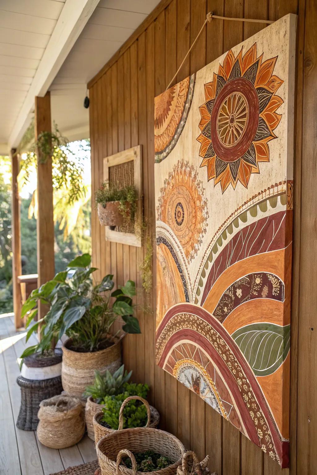 A boho-style painting that makes use of earthy tones to create a warm and welcoming space.