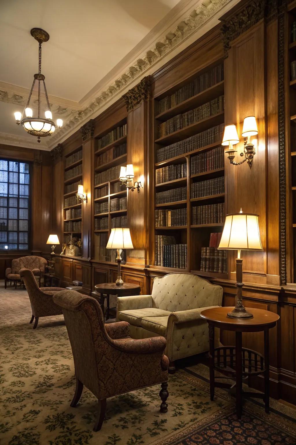 Subtle lighting enhances the comfortable vibe of this reading space.