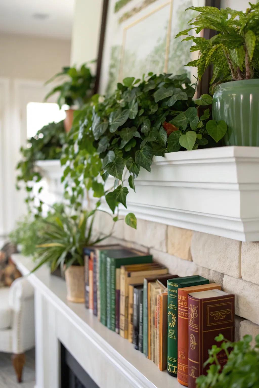 Greenery introduces life to a mantel featuring a book theme.