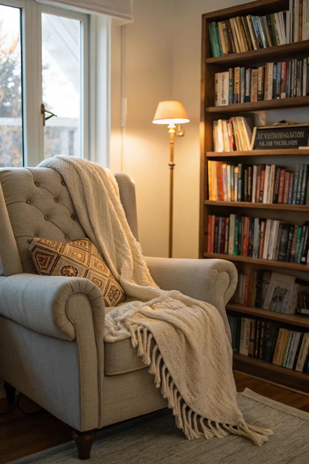A cozy reading nook ideal for book enthusiasts.