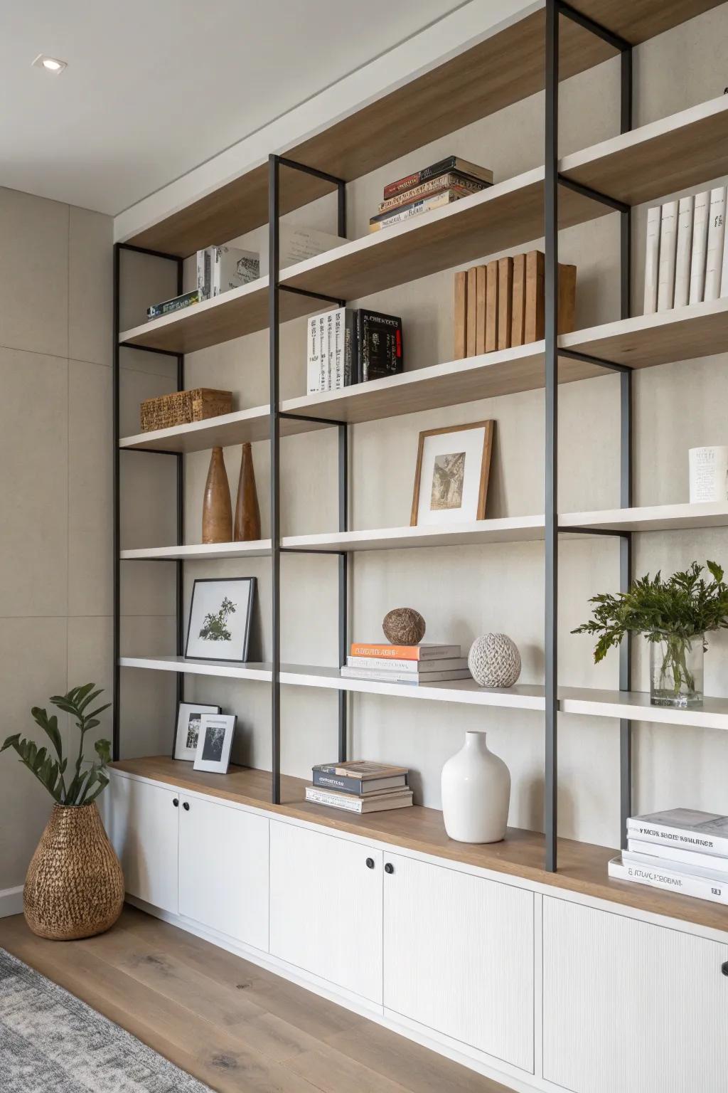 Embrace minimalism with sleek, modern shelves.