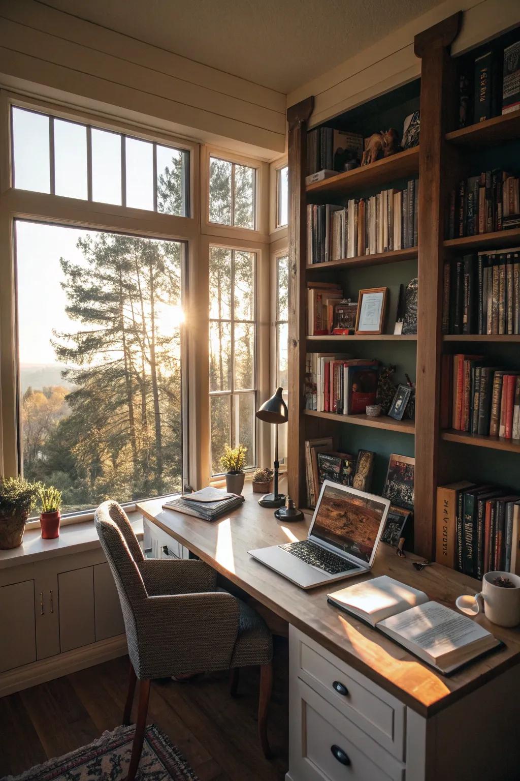 Allow sunlight to flood your area by integrating bookshelves around your window.