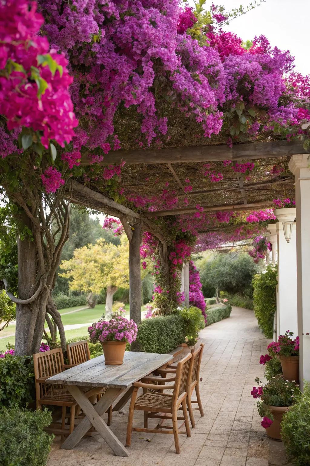 A pergola draped with bougainvillea creating a cozy outdoor retreat.