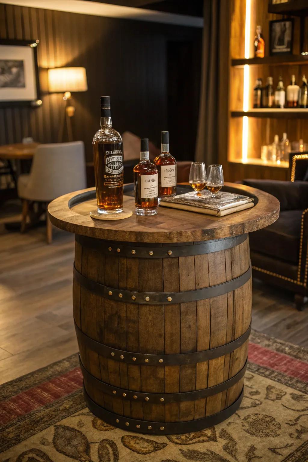 A spirit cask bar table adds distinctive character to your bourbon display.