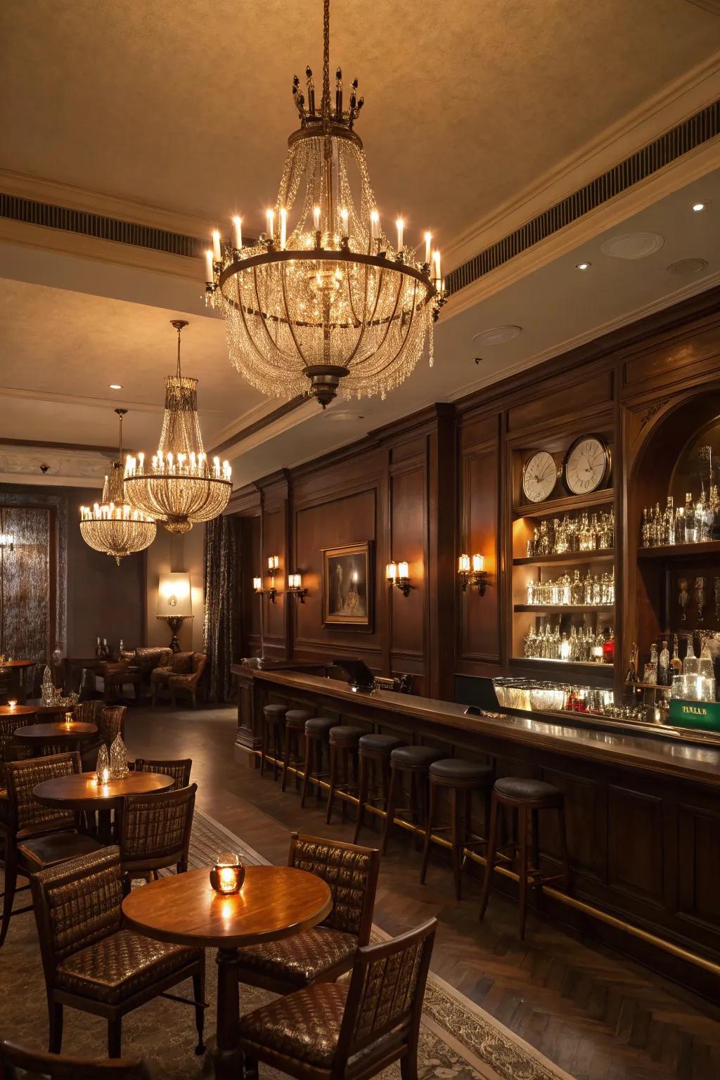 Chandeliers and sconces create an inviting, warm atmosphere.