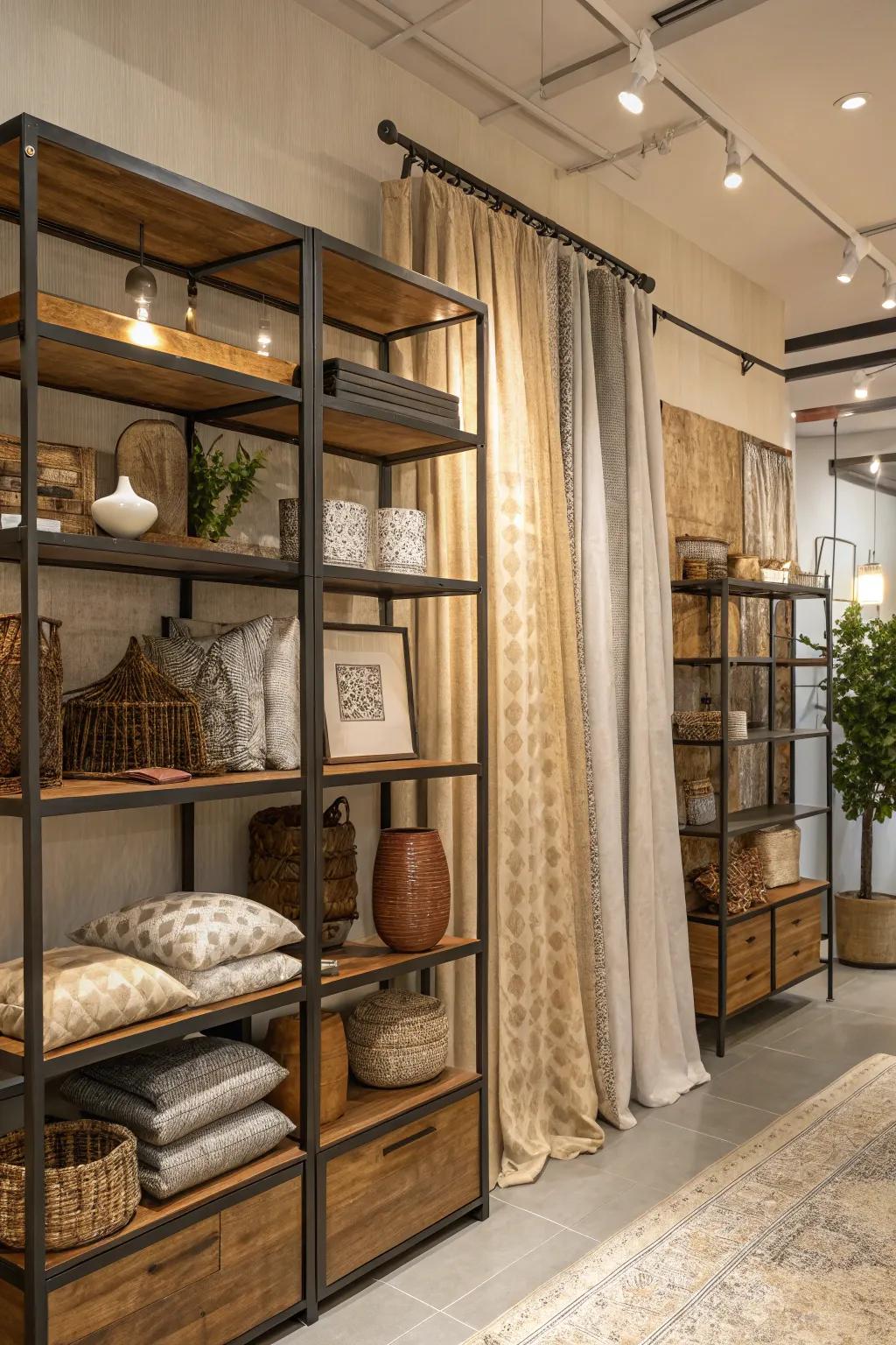 A store design featuring a blend of timber, steel, and textile, creating a textured and engaging atmosphere.