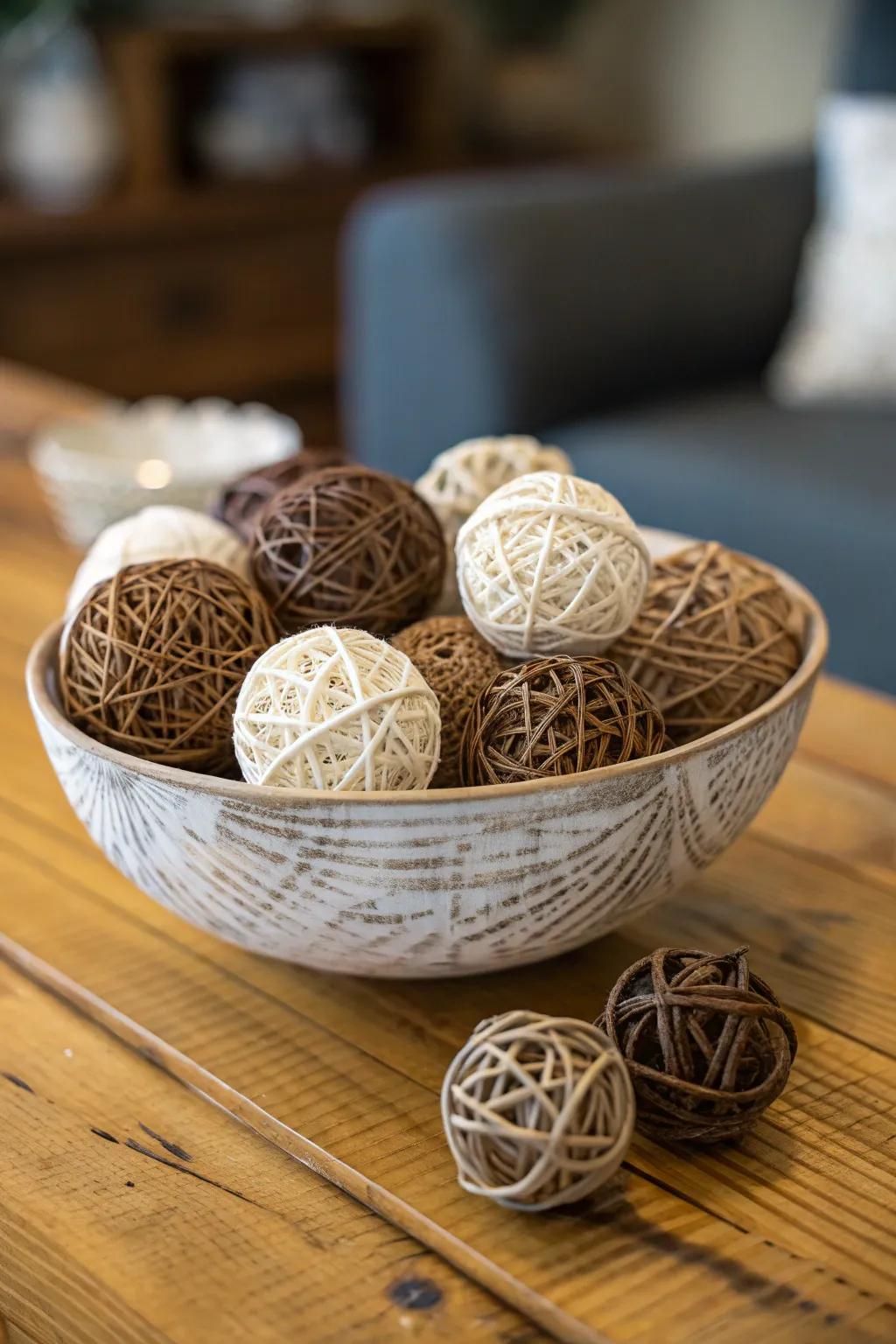 A decorative bowl displaying an assortment of wicker and twine spheres