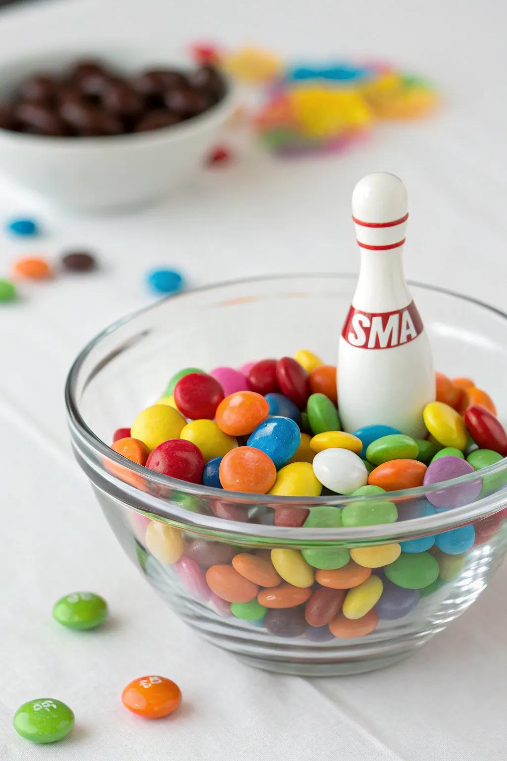 A sweet treat centerpiece featuring candies and a bowling pin.