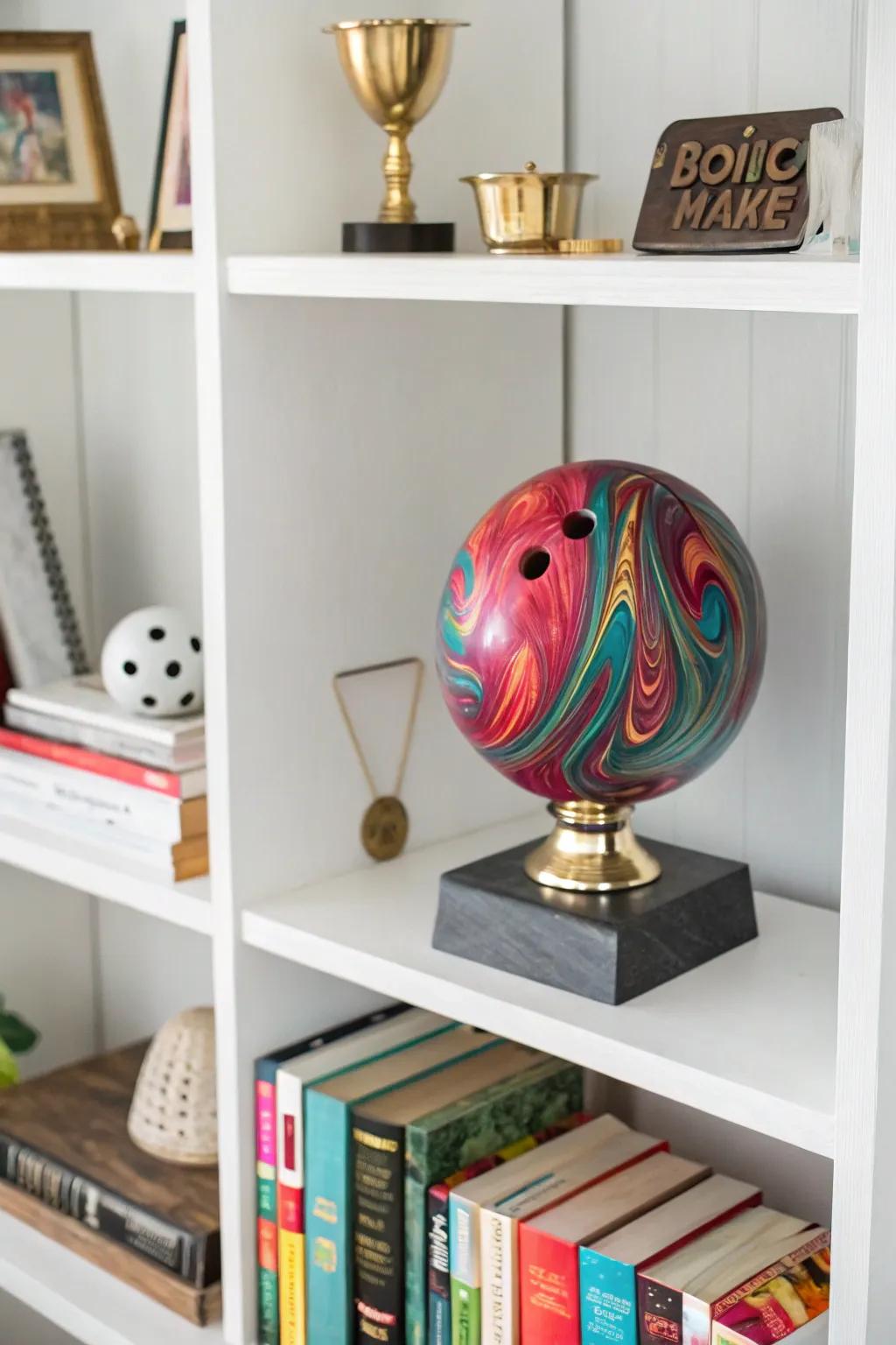 Distinctive DIY marbled bowling ball trophy.