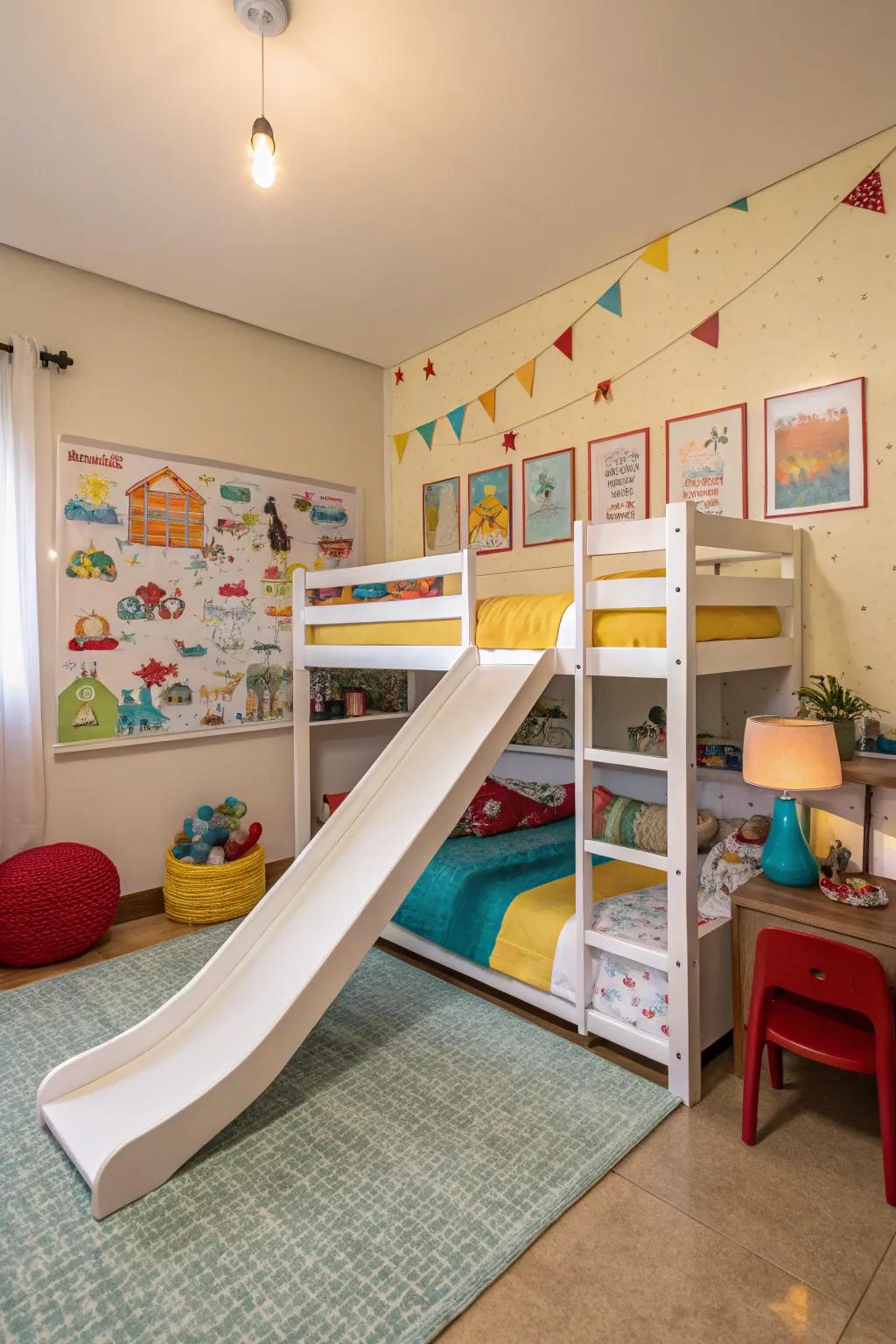 A double-decker with a slide adds a fun element to any shared quarters.