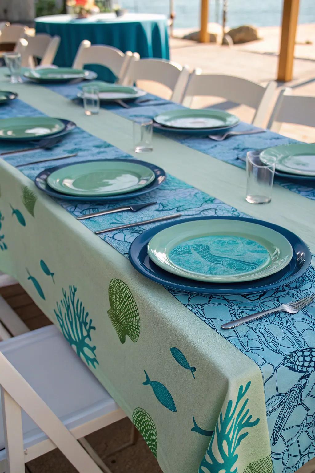 A table setting that encourages attendees to dine in an undersea environment.
