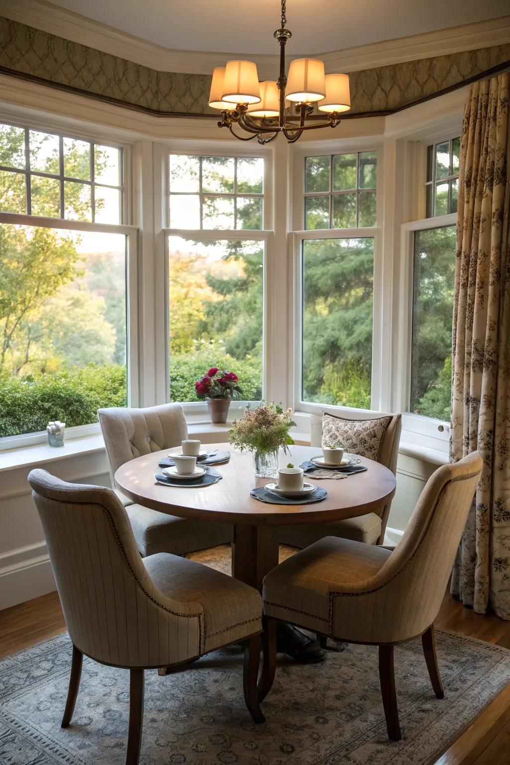A round table cultivates an inviting and personal breakfast nook setting.