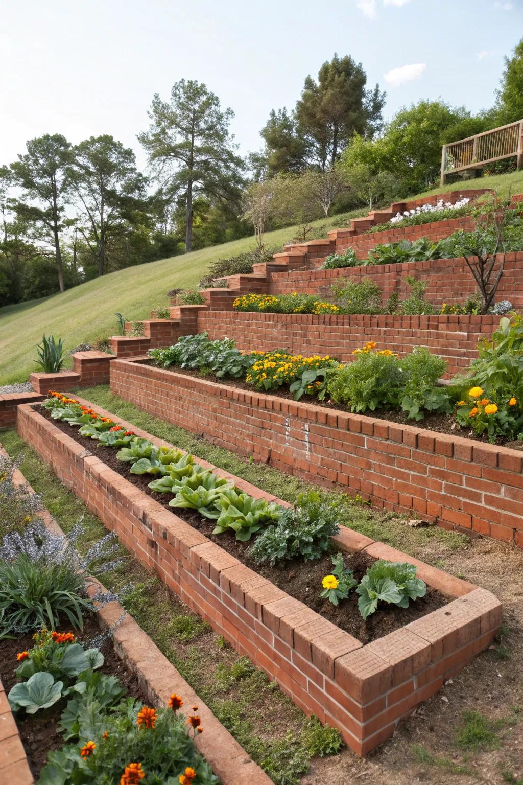 Improve your gardening expertise by using tiered brick raised gardens.