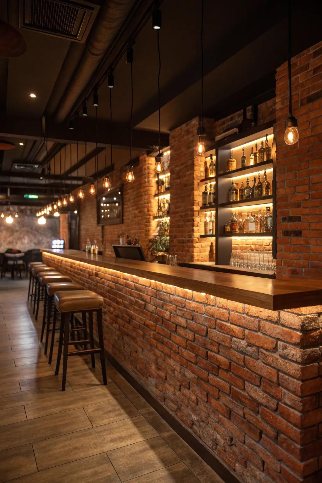 Elegant bar featuring wood countertops against a traditional brick wall.