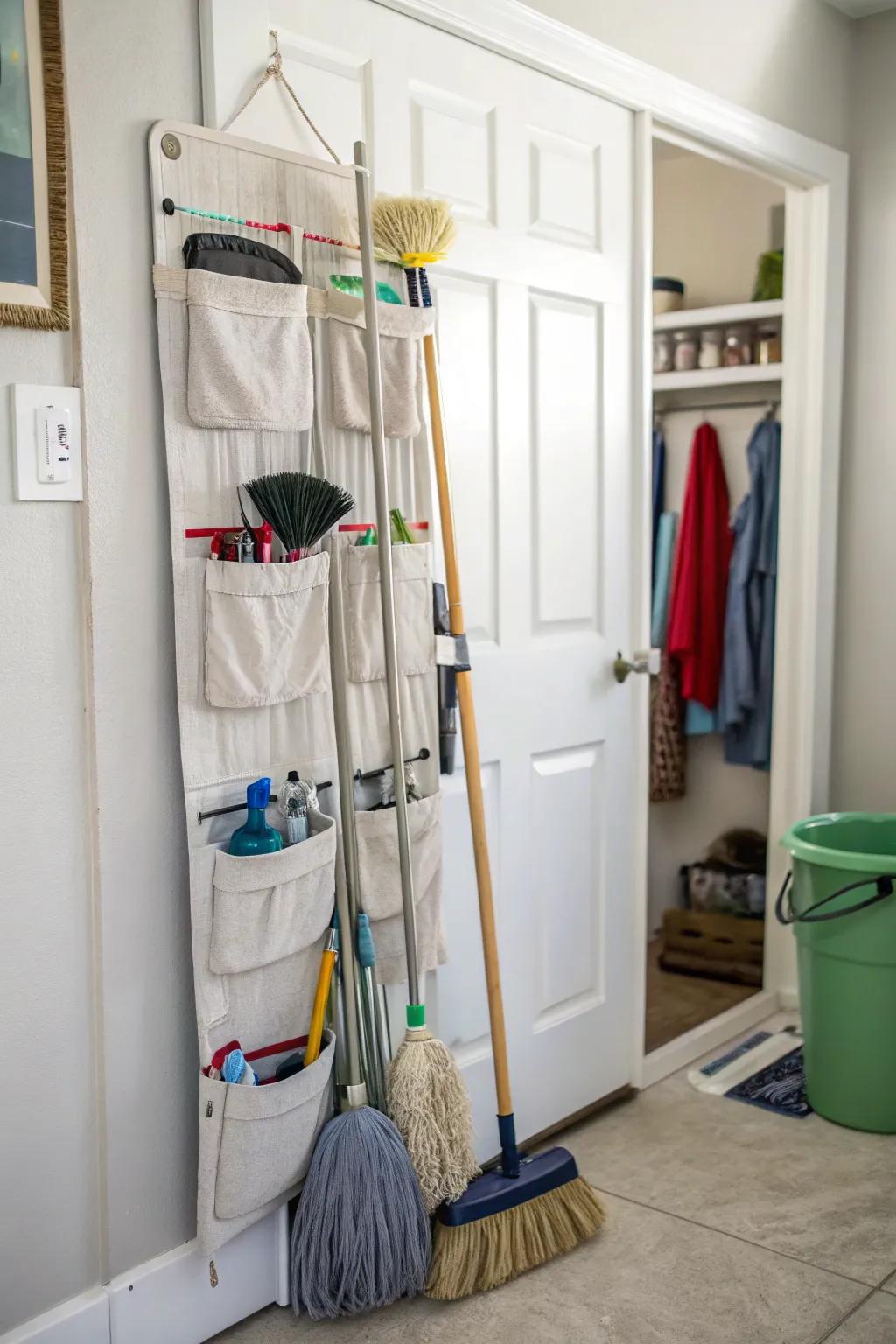 Over-the-door organizers give covered up storage for cleaning implements.