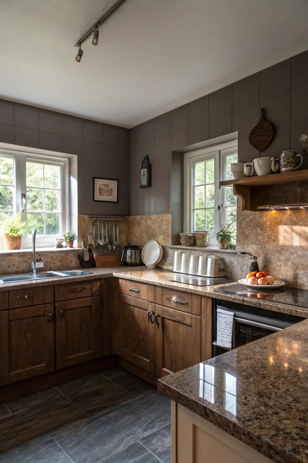 The warmth of brown granite is enhanced by dim gray's modern edge.