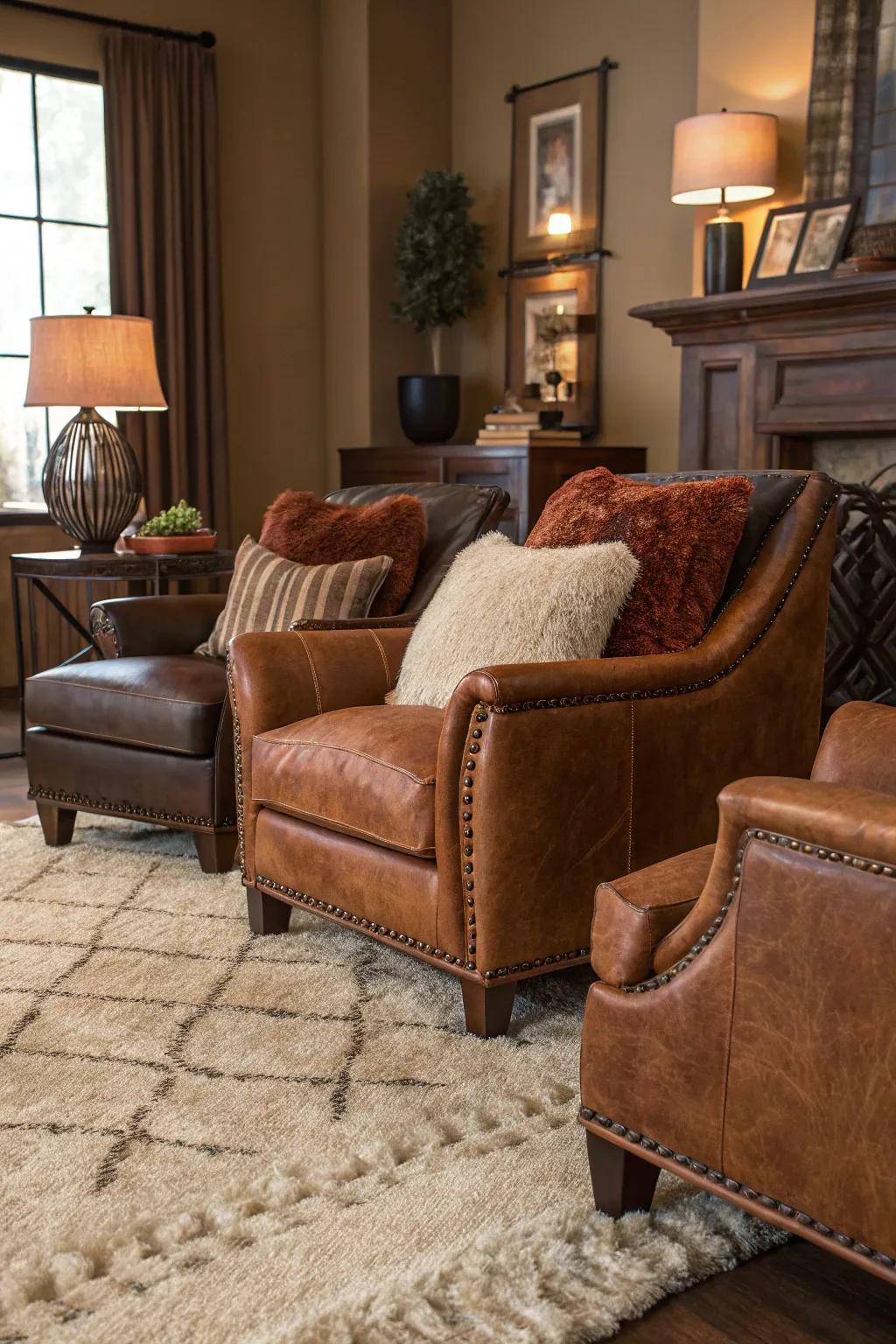 An array of finishes enriches the brown color scheme, heightening depth.