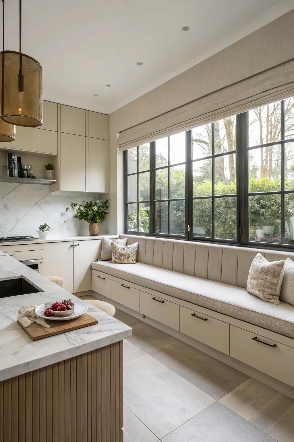 A modern, minimalist banquette design for elegant kitchen interiors.