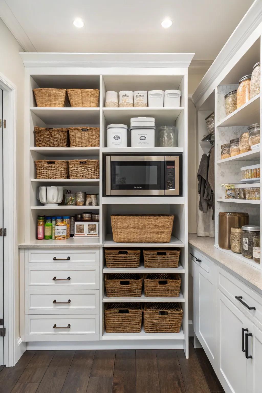 A microwave neatly set up into a spacious pantry.
