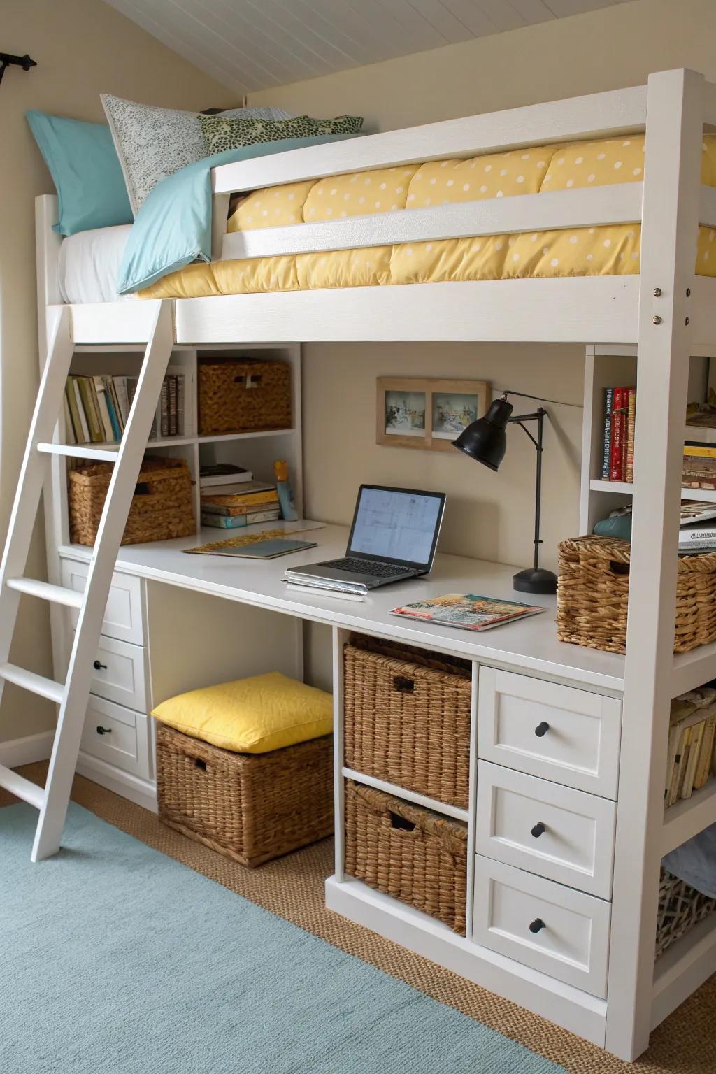 Superbly versatile bunk beds featuring workspace and storage.