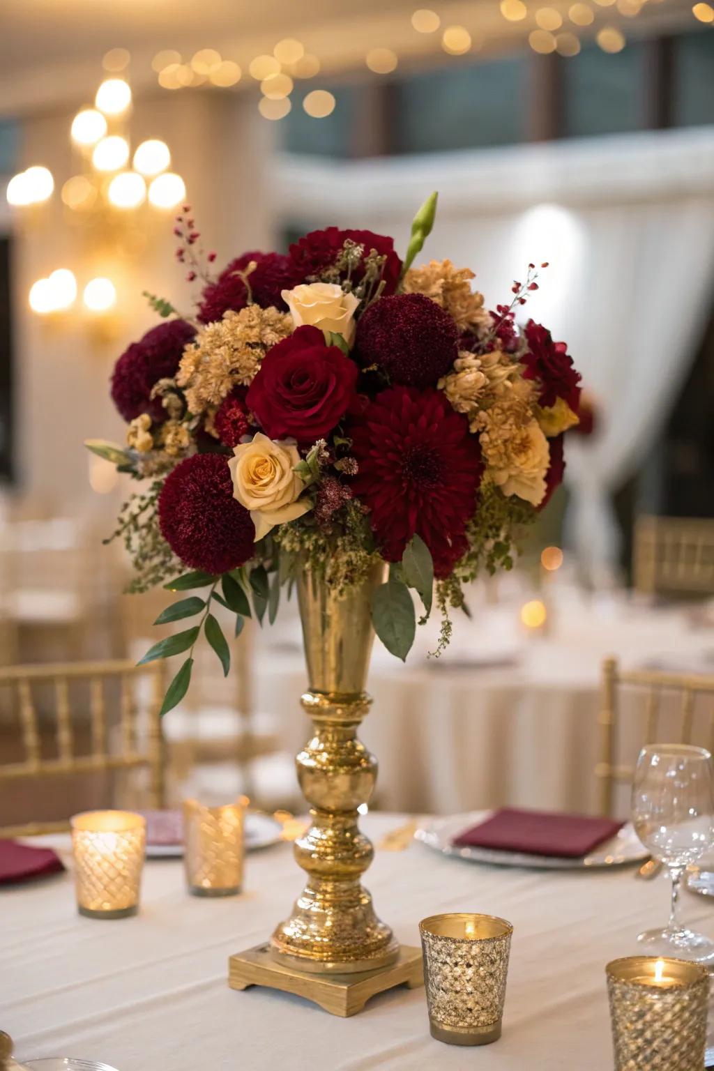 Red and gold flower arrangements bring natural beauty to your event.