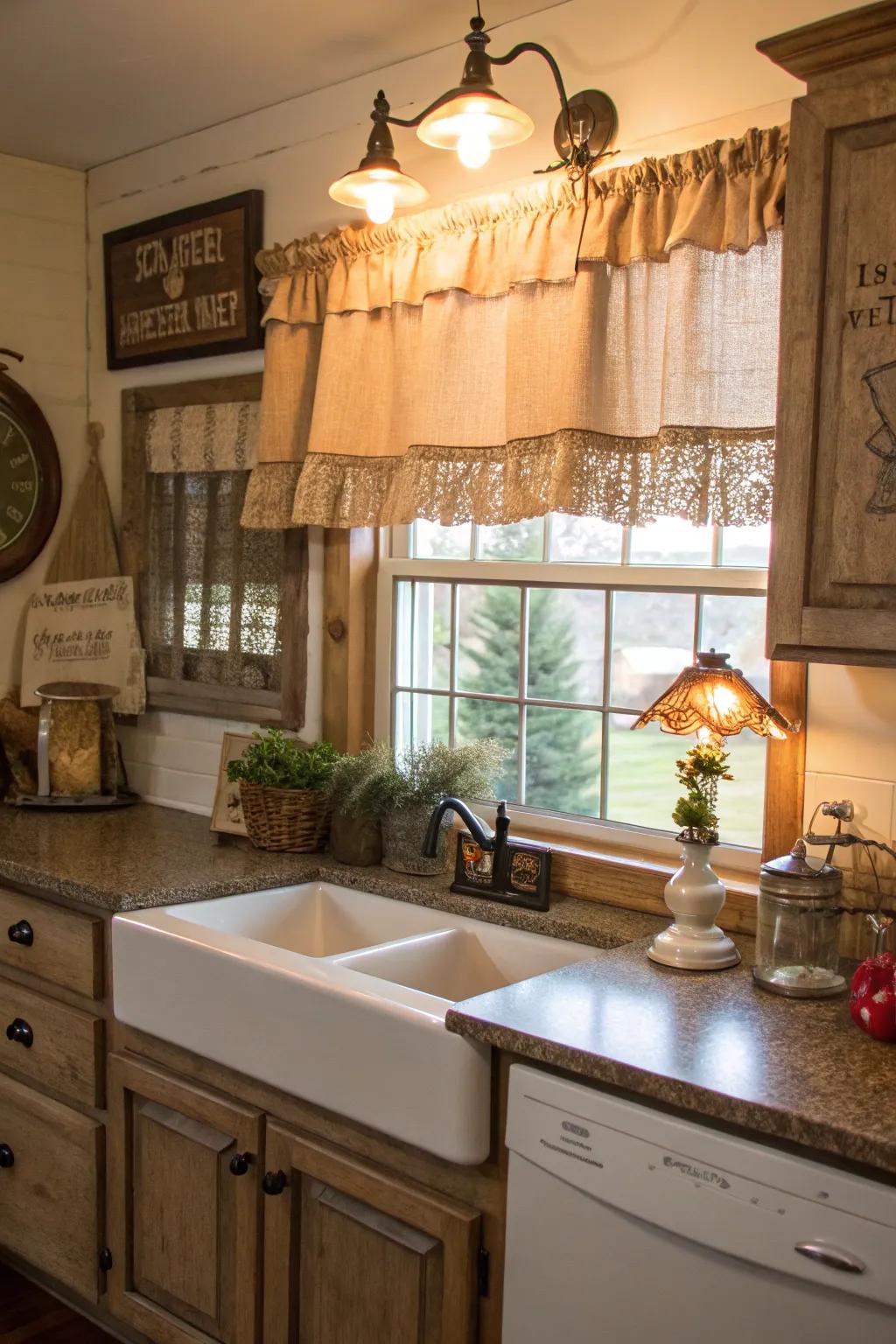 Country coziness with a material topper in the kitchen.
