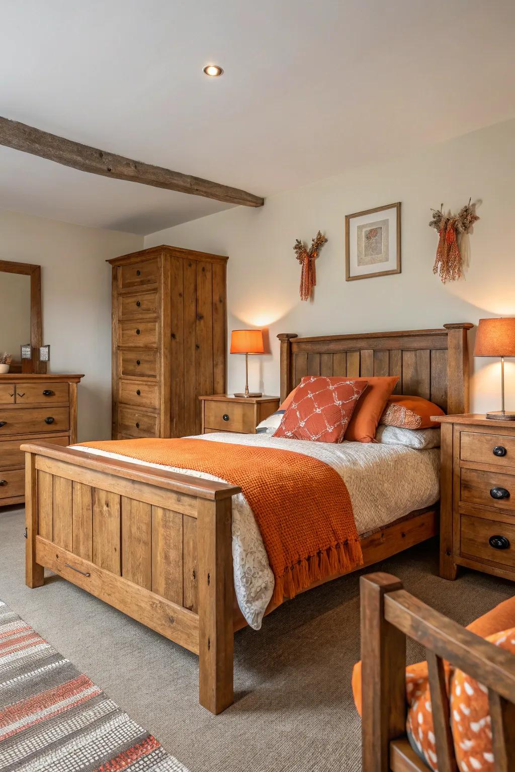 Earthy timber furnishings combined with rust accents.