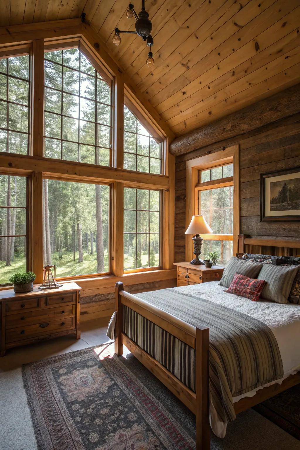 A cabin bedroom is filled with natural light from large windows.