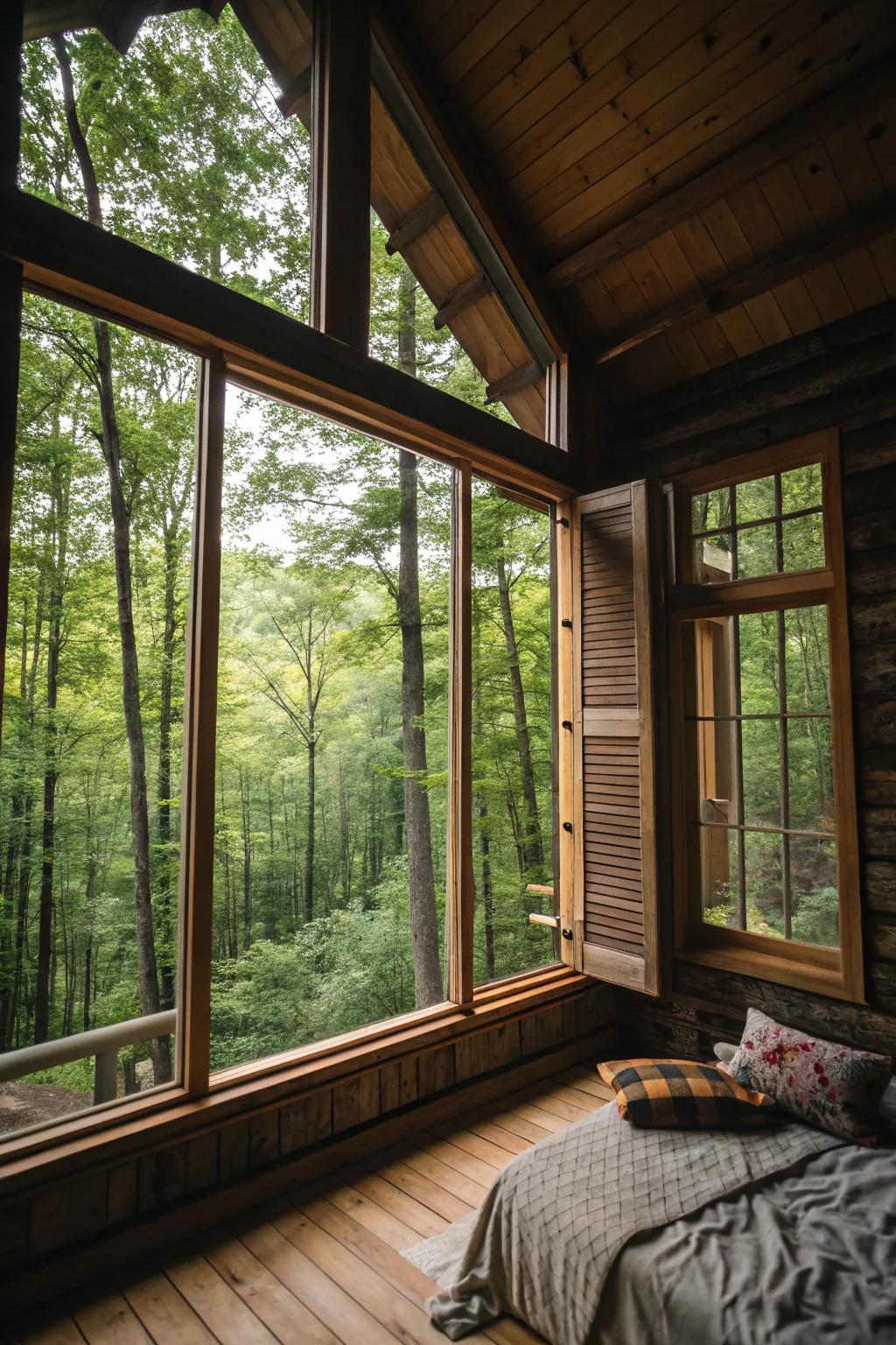 Expansive windows seamlessly link the cabin interior with the natural environment.