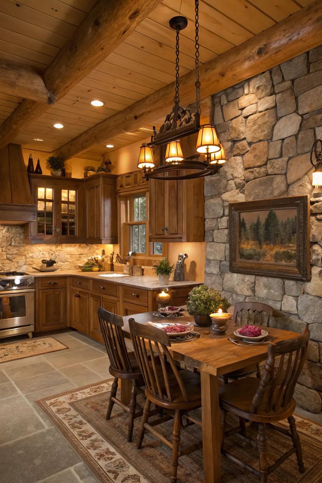 Soft, soothing lighting makes a cabin kitchen feel more welcoming.