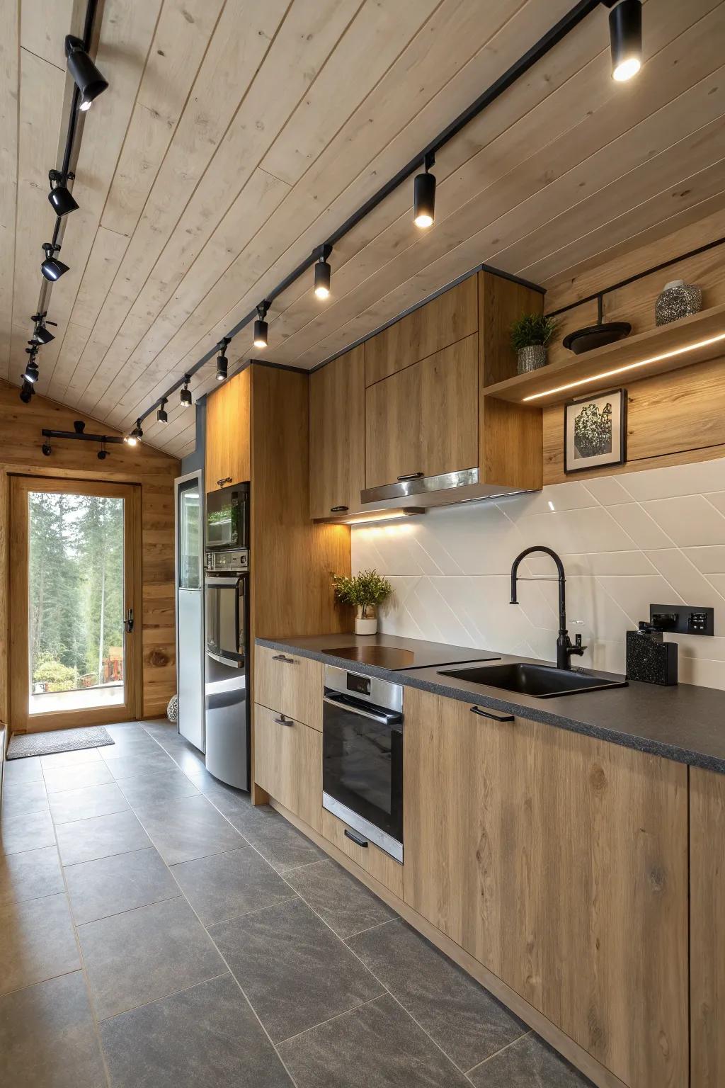 A modern cabin kitchen showcasing chic track lighting for a fashionable and useful appearance.