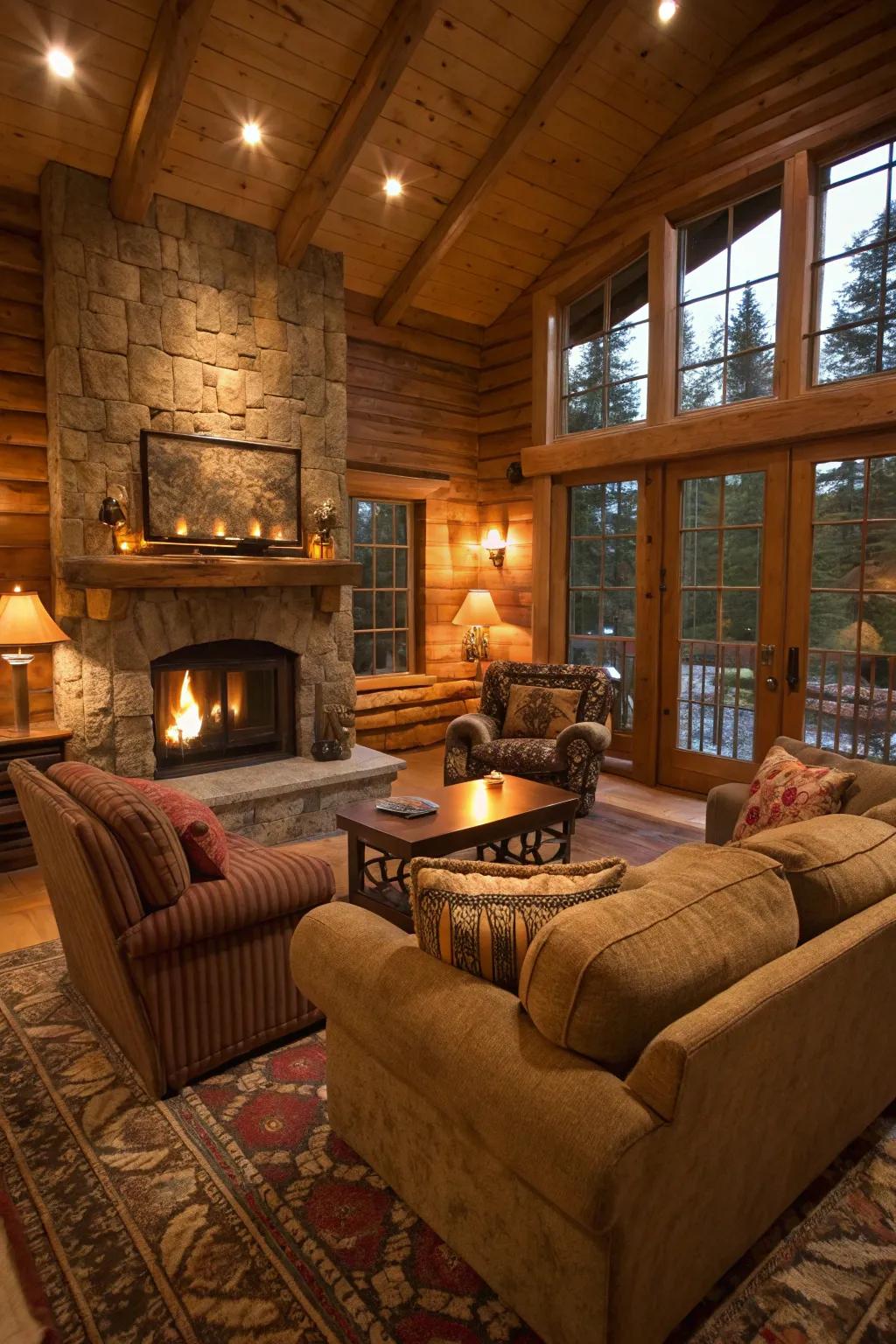 Comfortable seating in natural shades creates a welcoming cabin space.