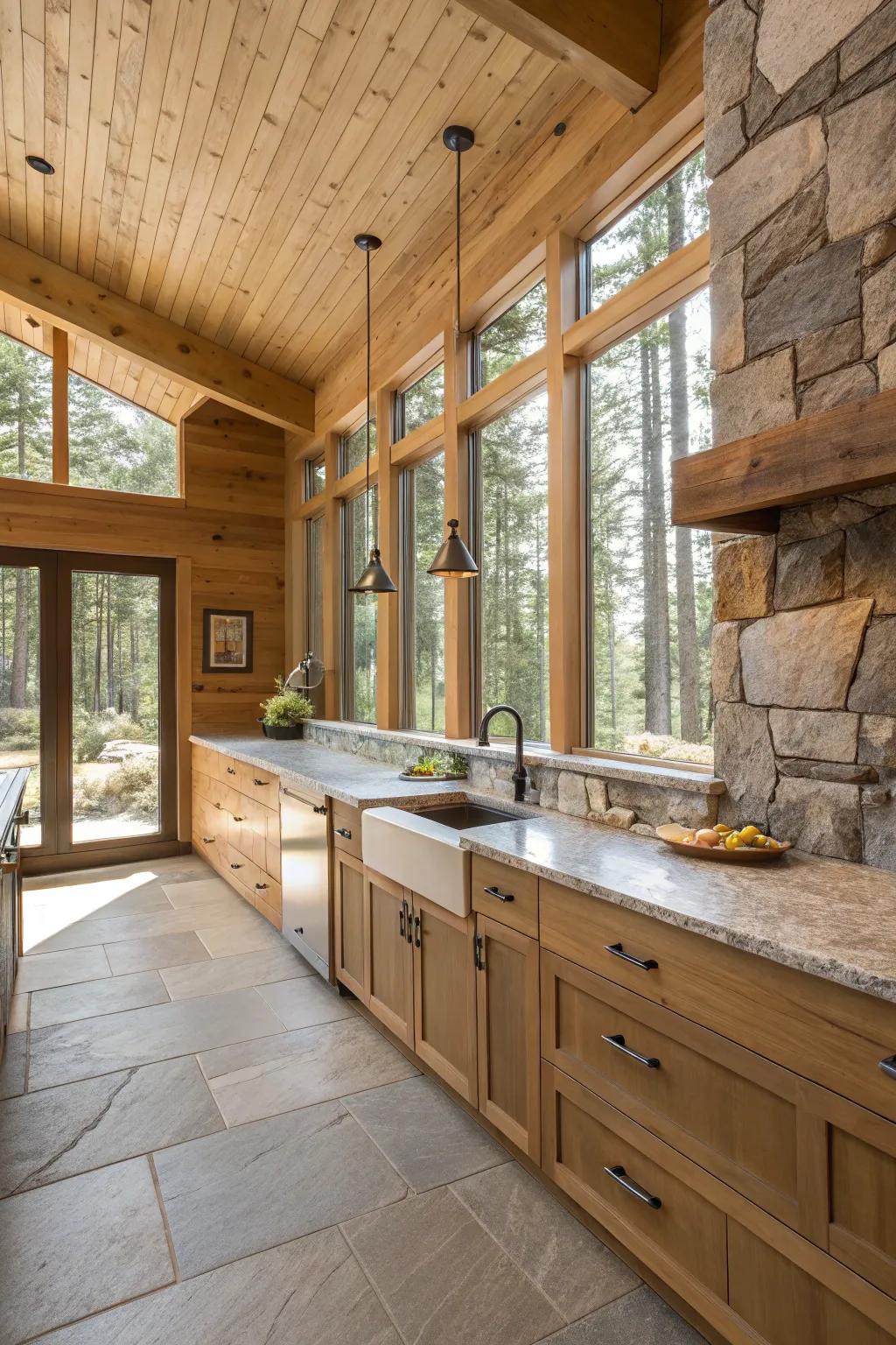 A modern kitchen featuring rustic elements creates the perfect cabin feel.