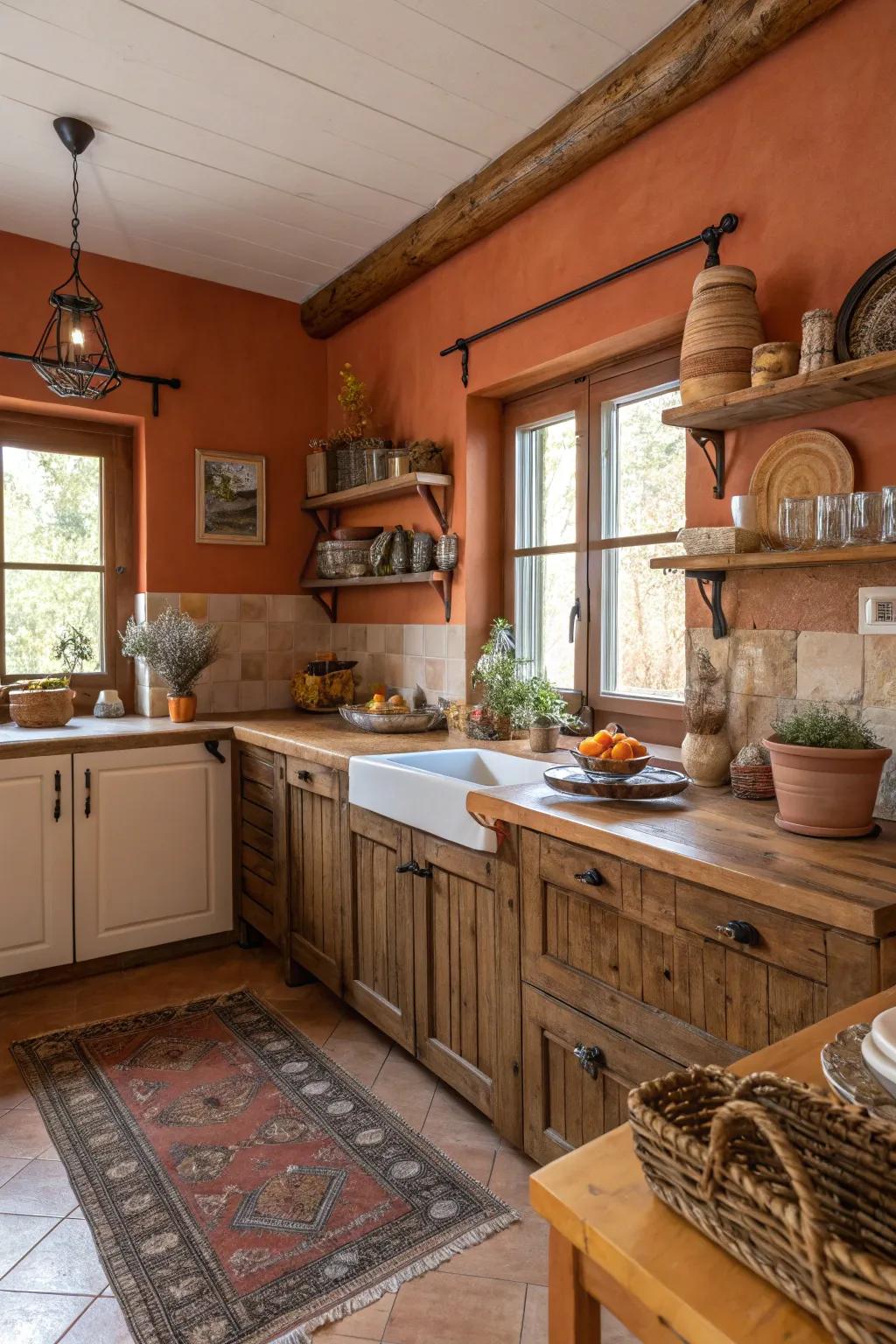 A cooking area with lovely terracotta walls enhancing a cozy environment.