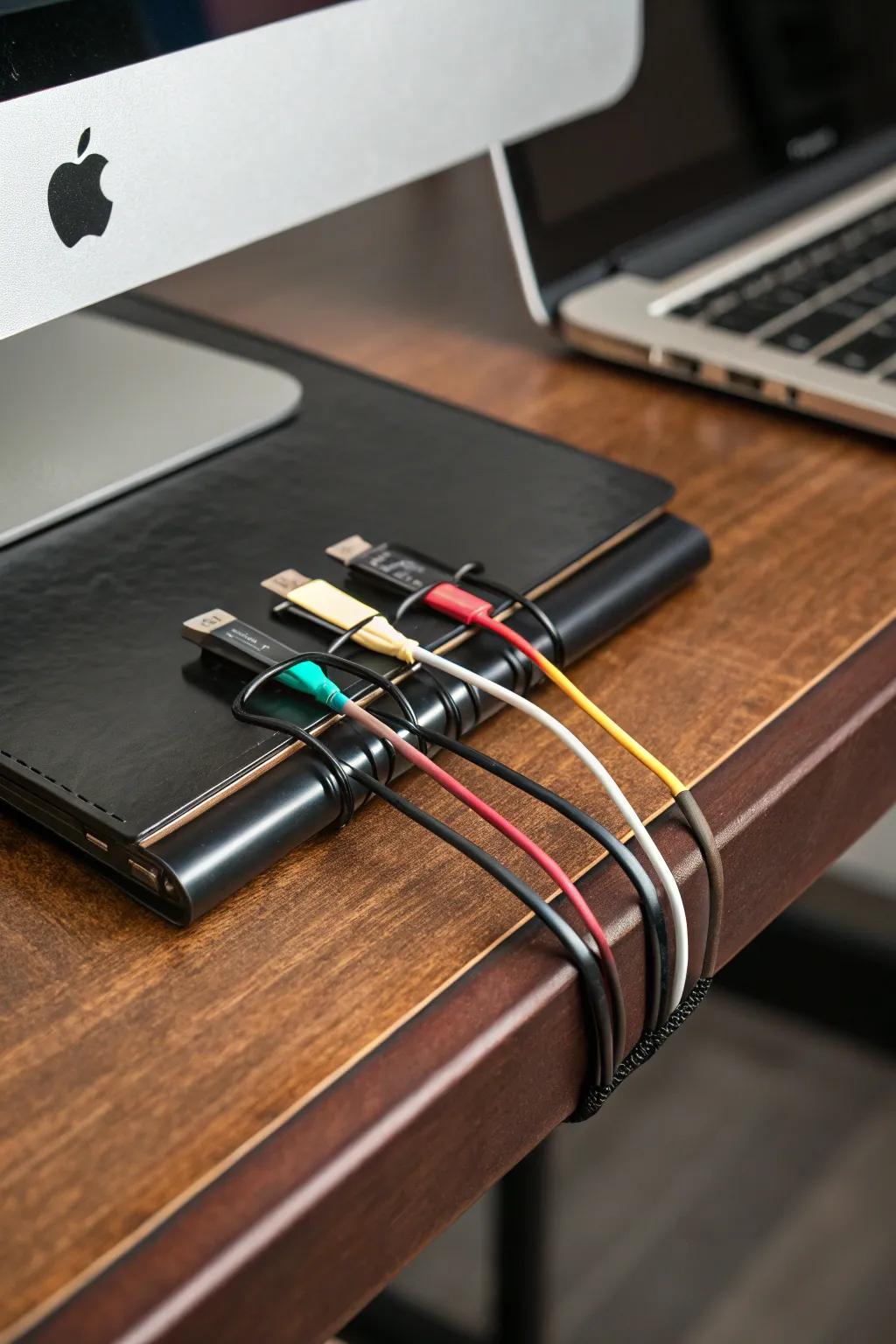 Optimize your workspace with the binder clip arrangement: a combination of simplicity and craftsmanship for perfect cable management.