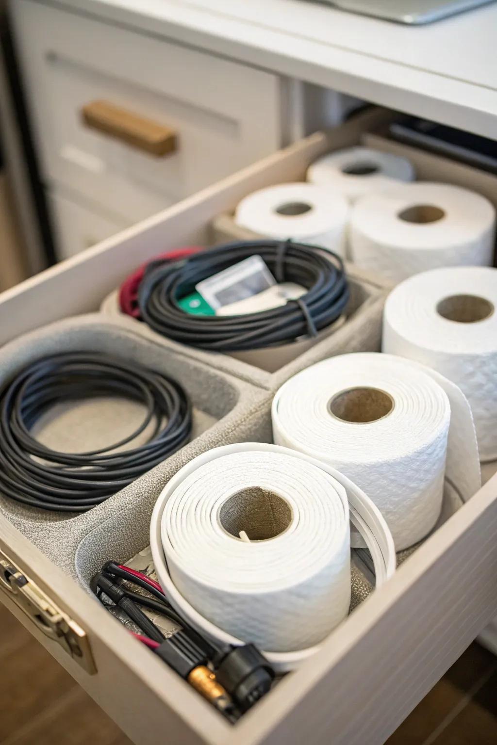 Cardboard tubes repurposed as inventive cable organizers.