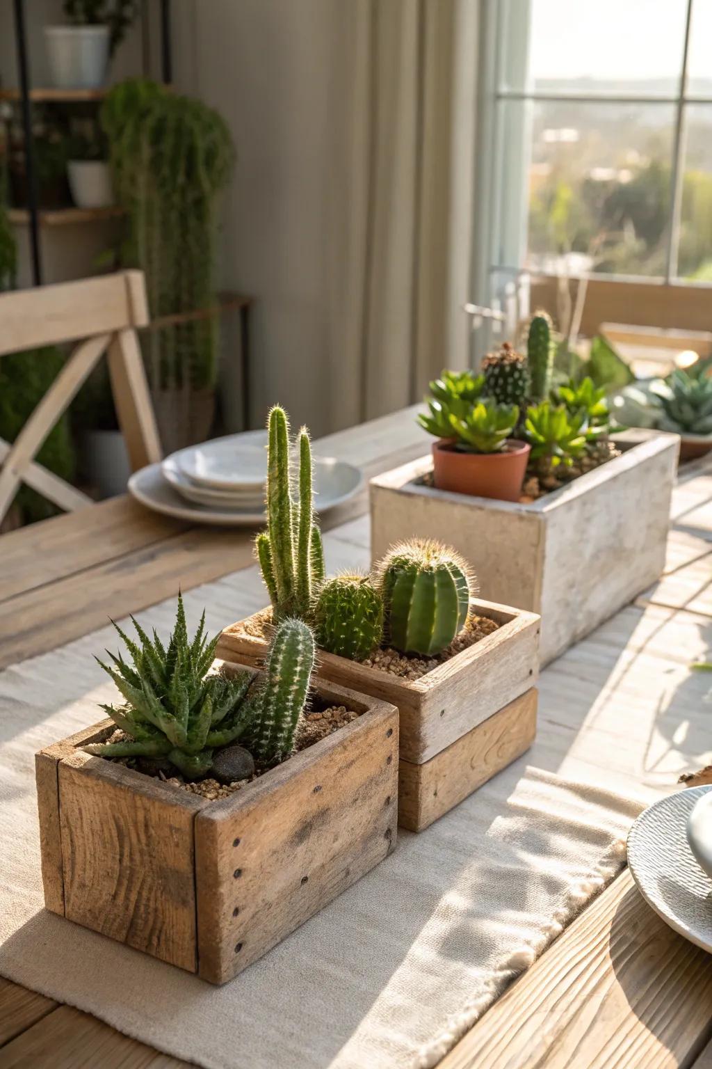 Timber containers bestow a countryside charm upon succulent compositions.