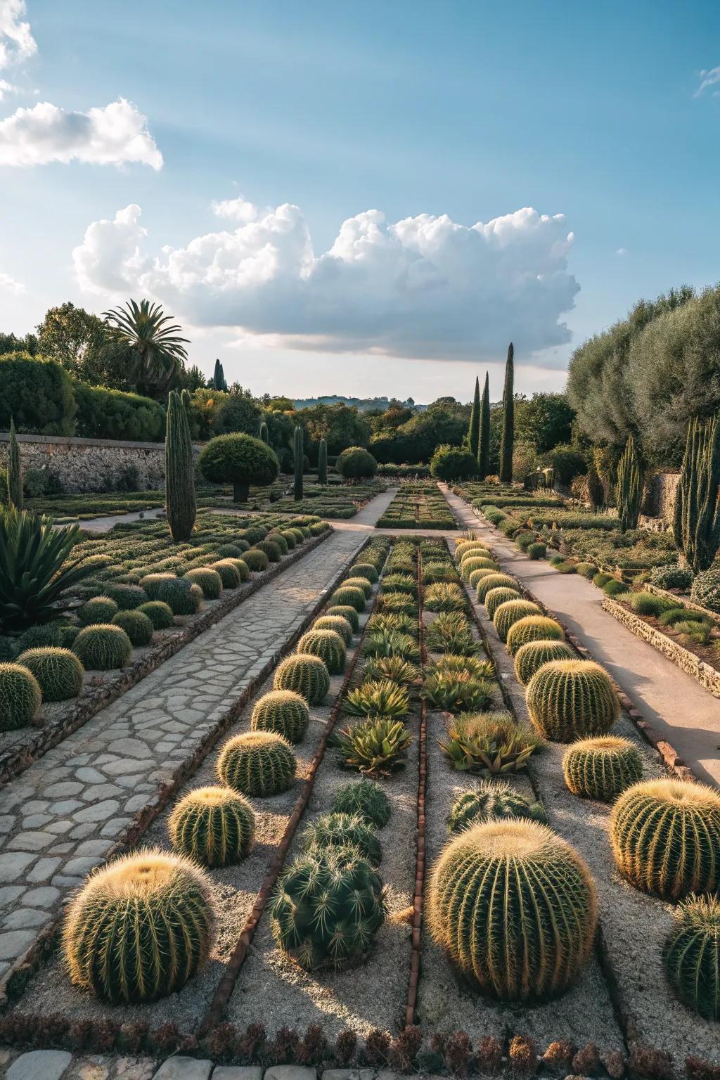 Cacti arranged in geometric patterns for a striking visual effect.