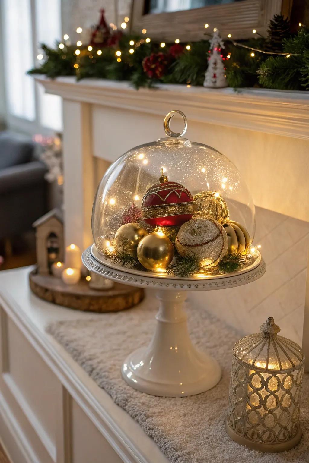 Give festive flair with holiday-inspired decor items beneath a dome.
