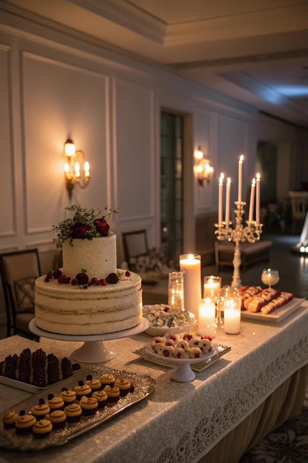 A cake table illuminated with candles of varying heights, adding warmth and elegance.