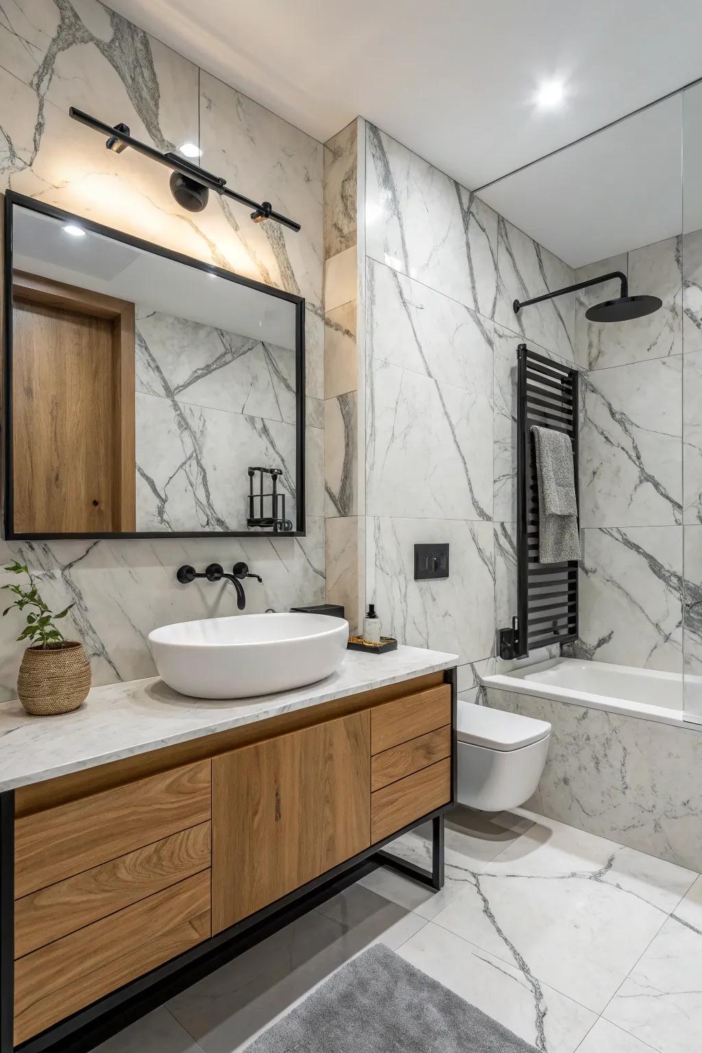 A fashionable bathroom design integrating Carrara Essence marble with contemporary materials.