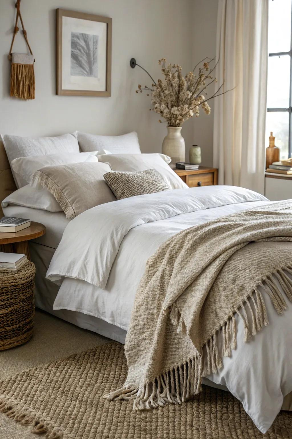 A bedroom showcasing layered textiles including a linen duvet, cotton sheets, and a wool throw.