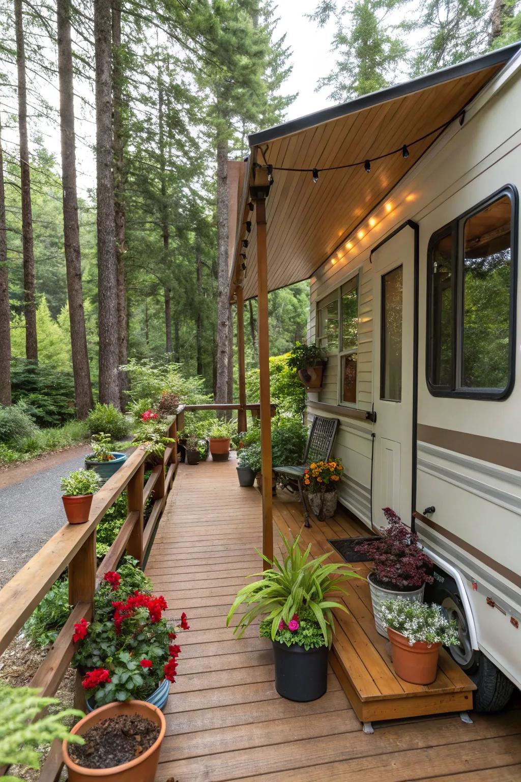 Natural-themed decor breathes life into a camper porch.