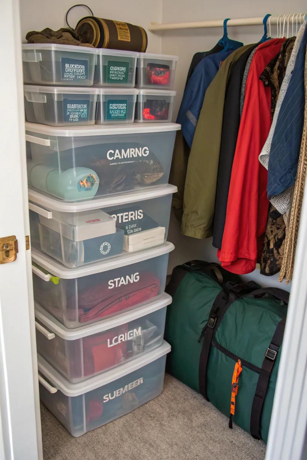 See-through bins maintain the organization and visibility of small camping objects.
