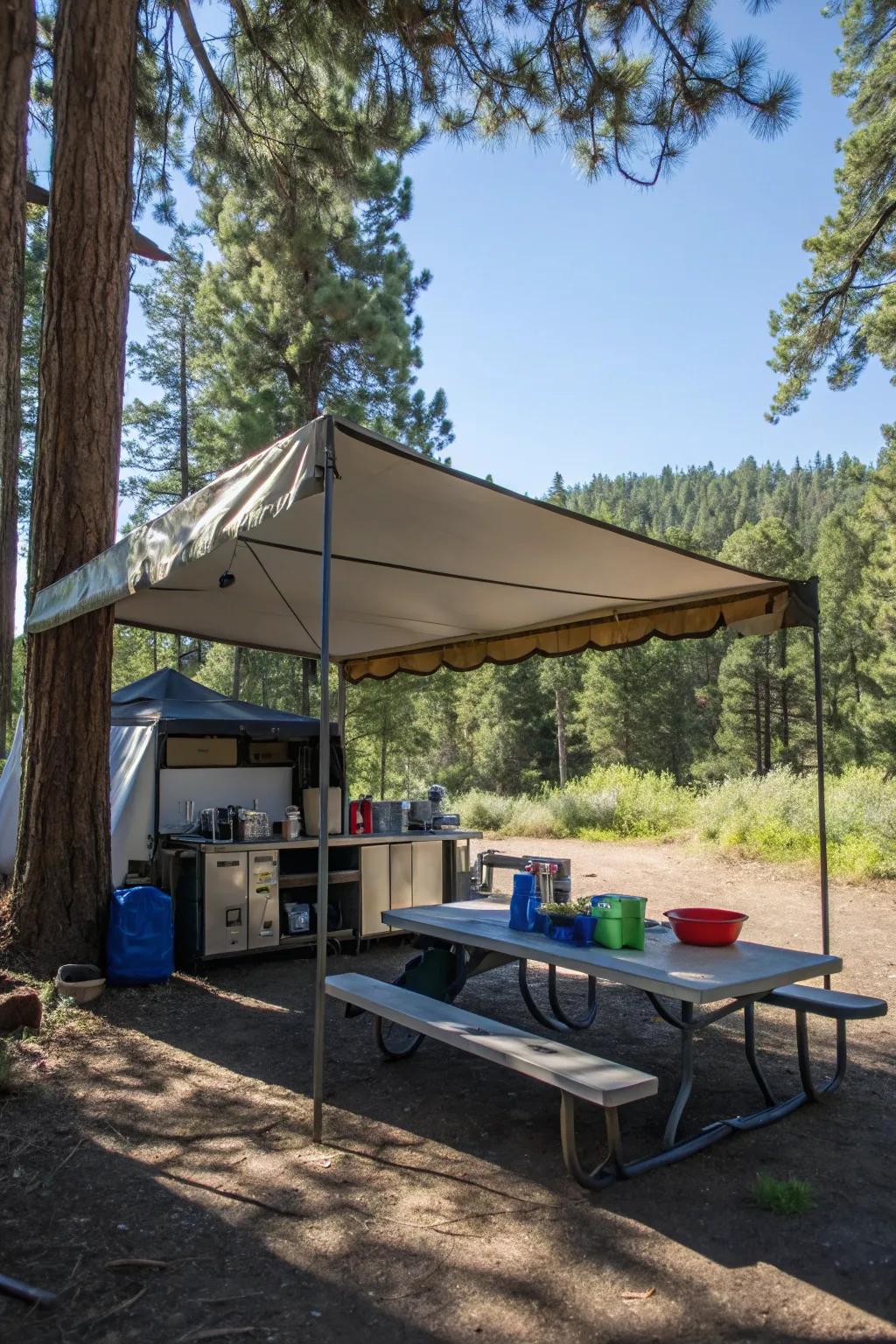 A tarp providing necessary cover for a camp kitchen.